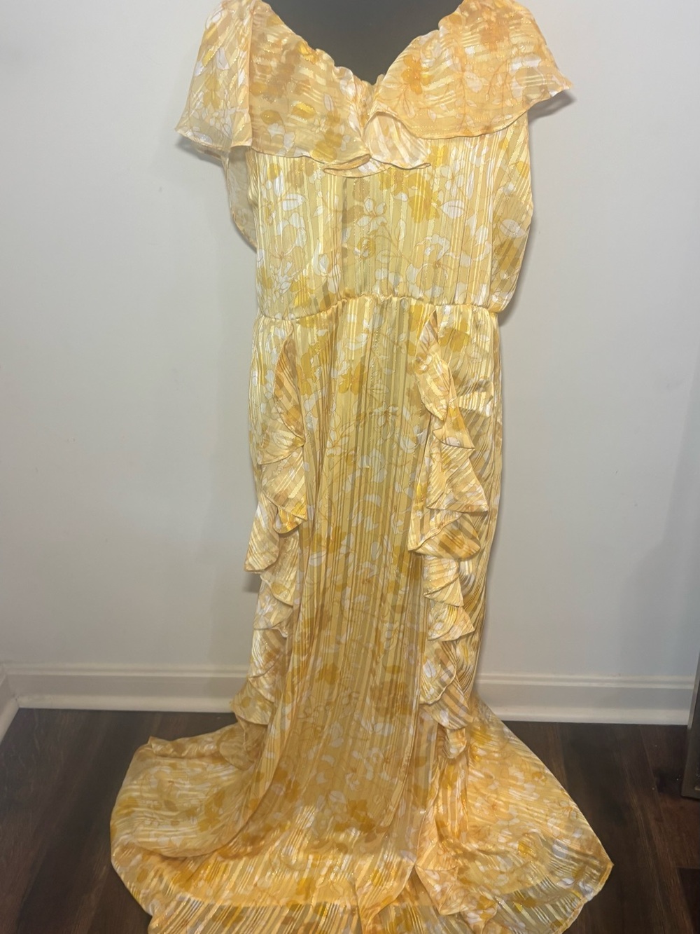 Eloquii Yellow Floral Pleated Maxi Dress